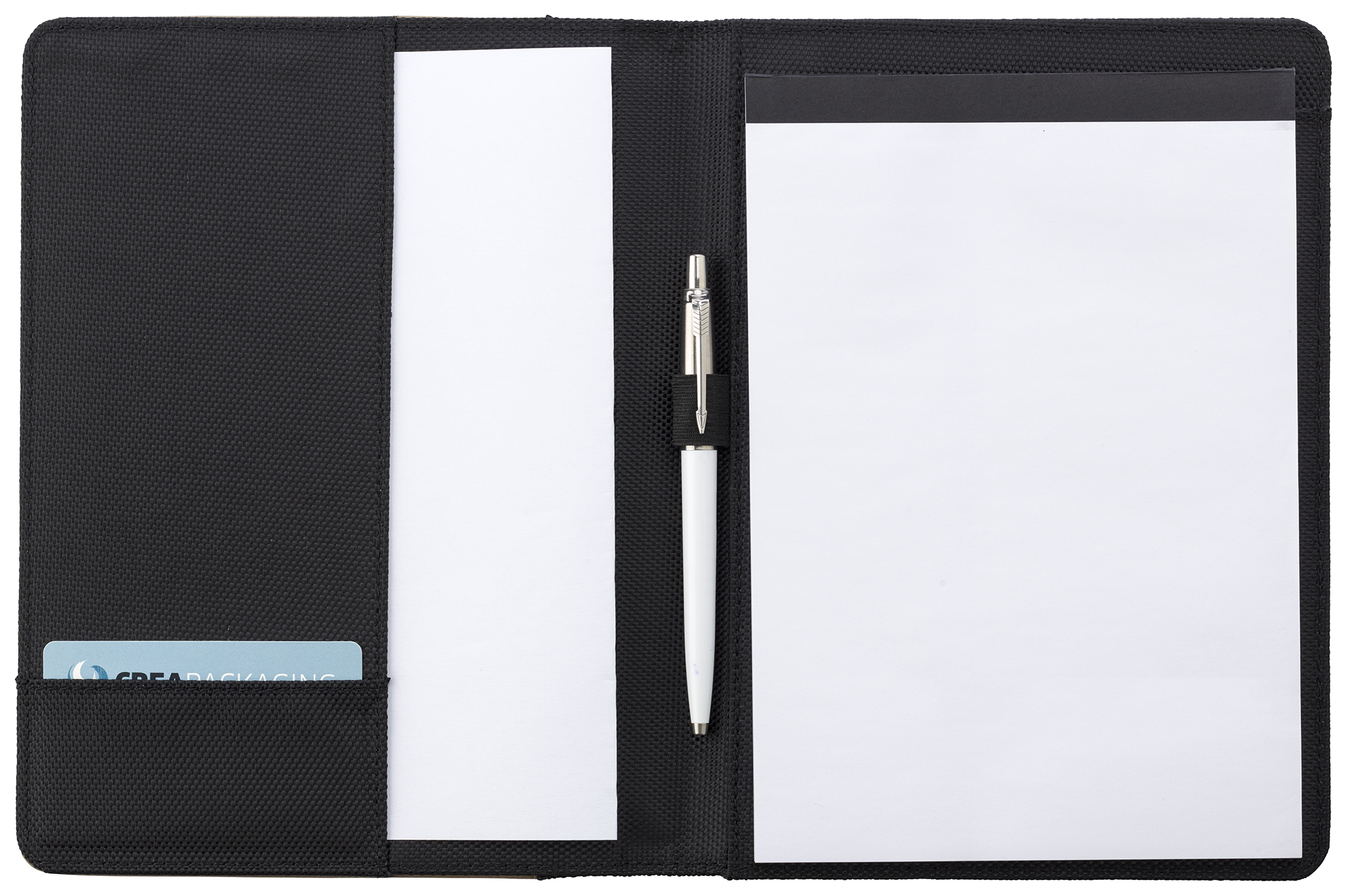 Branded A5 Pad folio with PU cover,  a large internal pocket, one smaller sewed on pocket, an elasticated pen loop, and a 50 page lines note pad. 