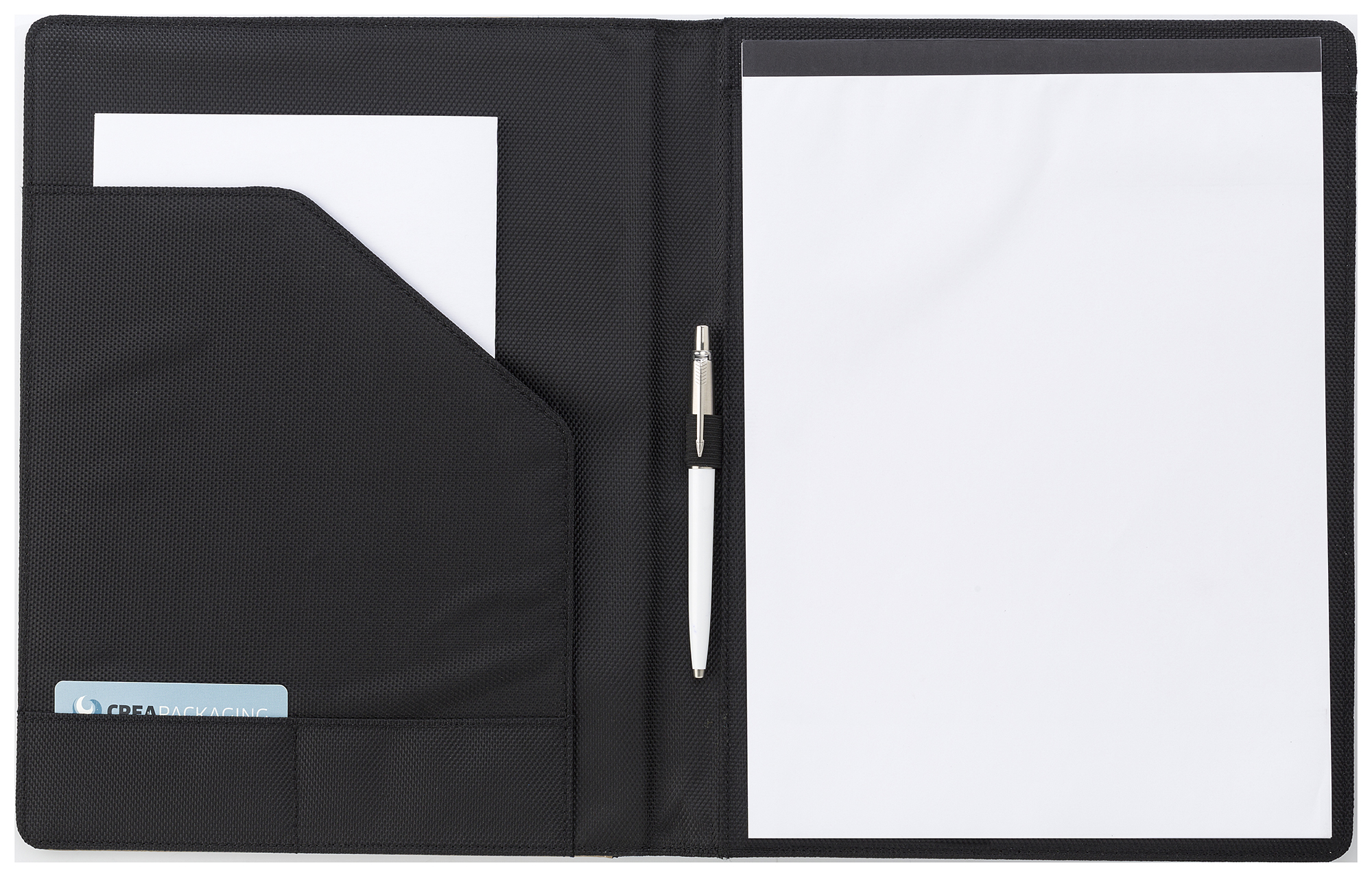 Branded A4 Pad folio with PU cover, a large internal pocket, one smaller sewed on pocket, an elasticated pen loop, and a 50 page lines note pad. 