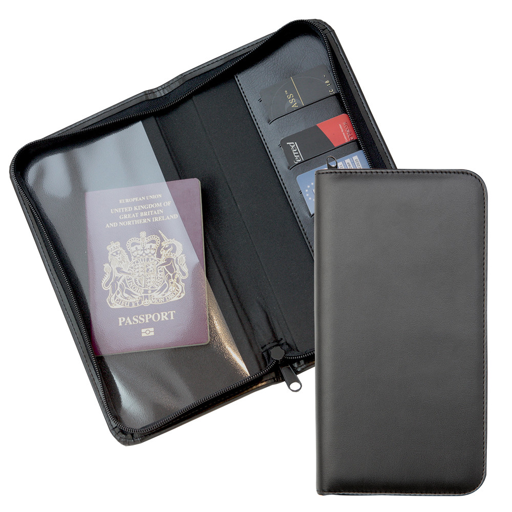 Promotional Zipped Travel Wallet with one clear pocket and one material pocket with card slots.