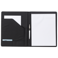 A4 Pad folio with PU cover, a large internal pocket, one smaller sewed on pocket, an elasticated pen loop, and a 50 page lines note pad. 